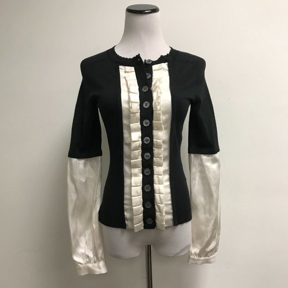 Karen Millen Sweaters - Karen Millen black ivory satin pleated button up cardigan sweater shirt S 1